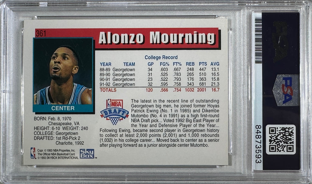 Alonzo Mourning auto signed 1993 #361 Sky Box RC Charlotte Hornets PSA Encap