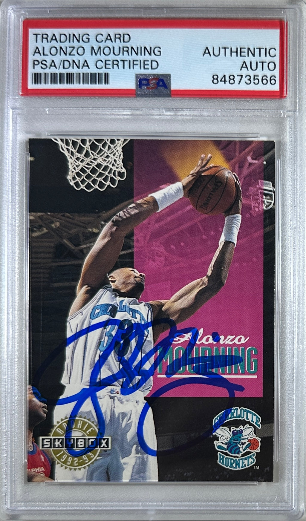 Alonzo Mourning auto signed 1993 #332 Sky Box RC Charlotte Hornets PSA Encap