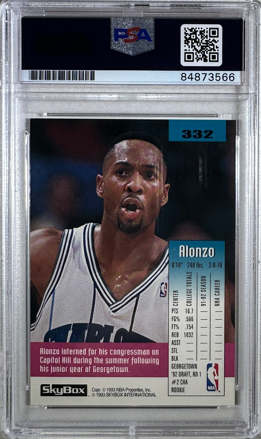 Alonzo Mourning auto signed 1993 #332 Sky Box RC Charlotte Hornets PSA Encap