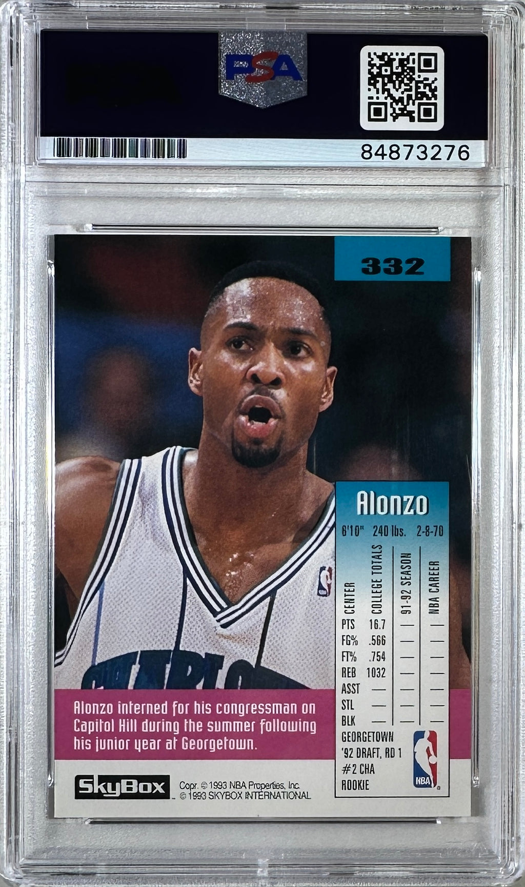 Alonzo Mourning auto 1993 Sky Box RC GEM Mint 10 Charlotte Hornets PSA Encap