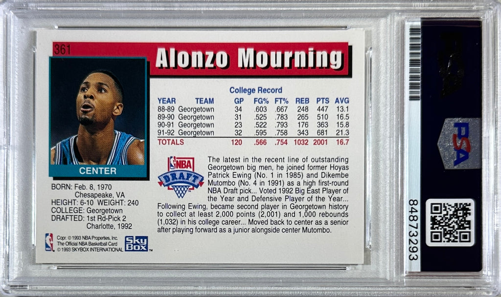 Alonzo Mourning auto 1993 Sky Box RC GEM Mint 10 Charlotte Hornets PSA Encap