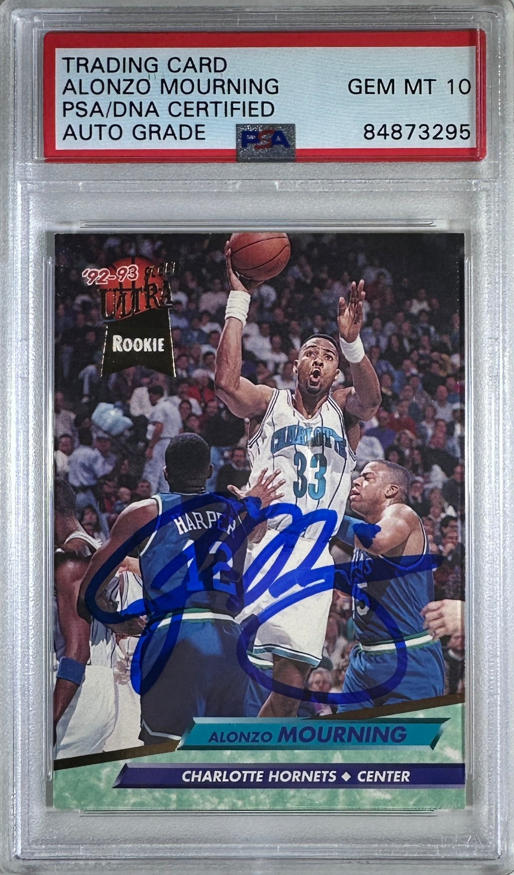 Alonzo Mourning auto 1993 Fleer RC GEM Mint 10 Charlotte Hornets PSA Encap