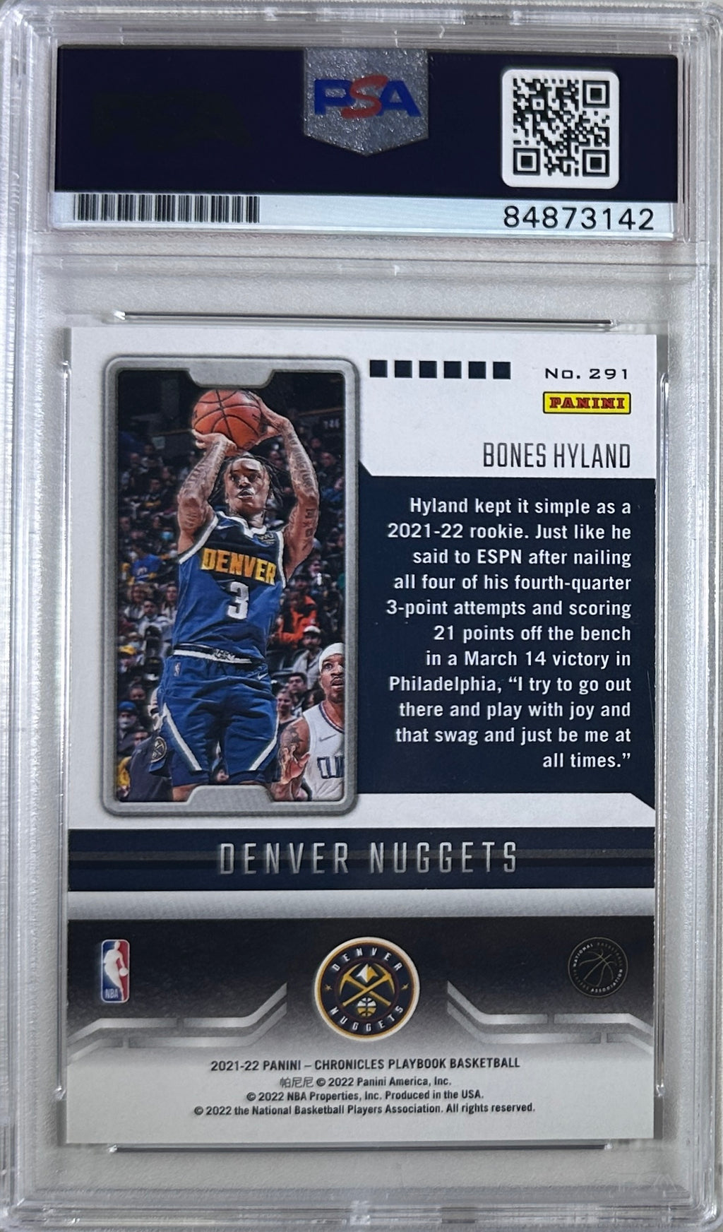 Bones Hyland signed rc #291 2022 Denver Nuggets Panini GEM Mint 10 PSA Encap