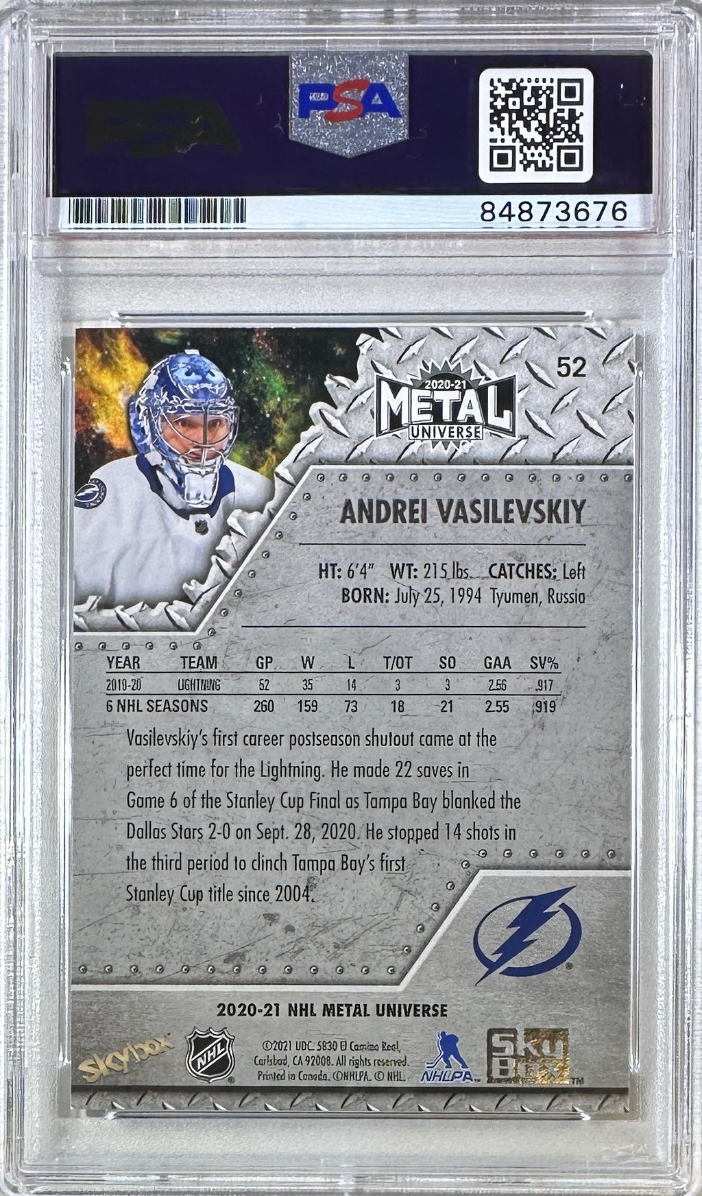Andrei Vasilevskiy auto card Skybox #52 2021 Tampa Bay Lightning PSA Encap