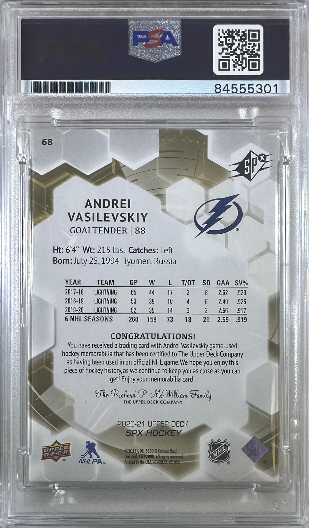 Andrei Vasilevskiy auto card 2020 Upper Deck #68 Lightning PSA Encap