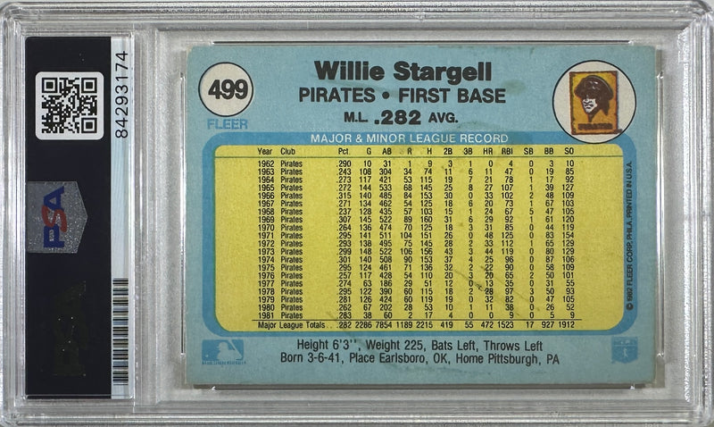 Willie Stargell auto card #499 Fleer 1982 Pittsburgh Pirates MLB PSA Encap