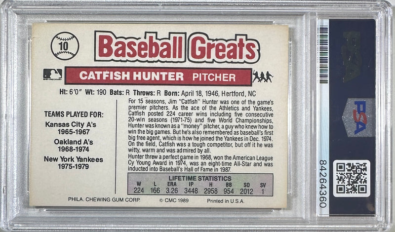 Jim "Catfish" Hunter auto card CMC #10 1989 Oakland Athletics PSA Encap