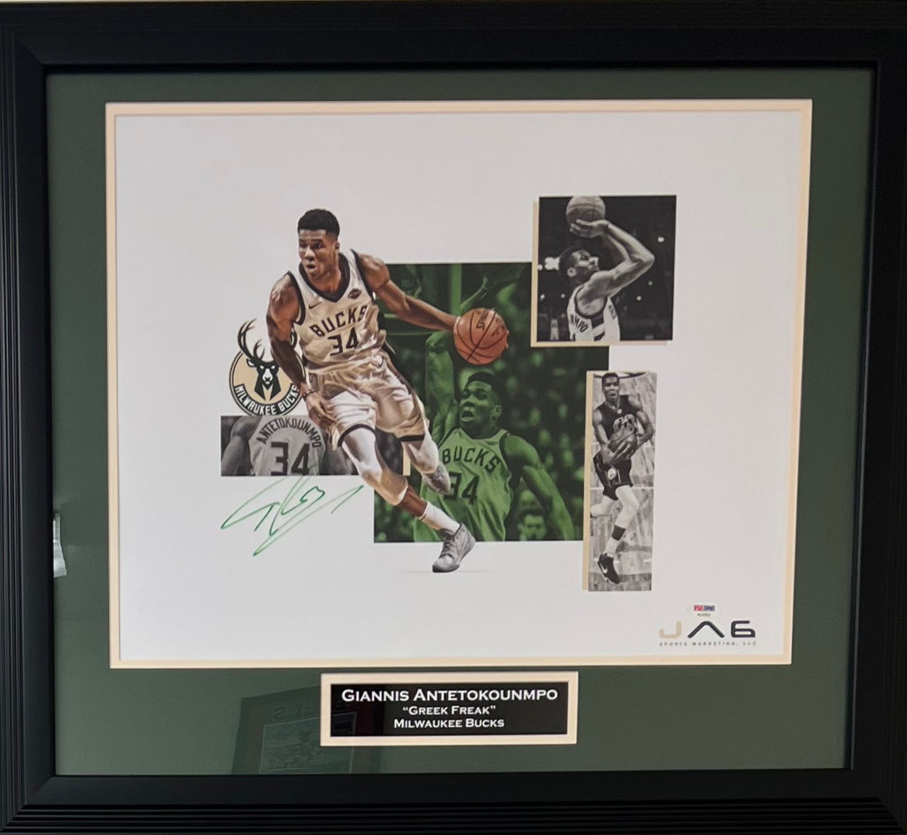Giannis Antetokounmpo autographed framed 16x20 photo NBA Milwaukee Bucks PSA