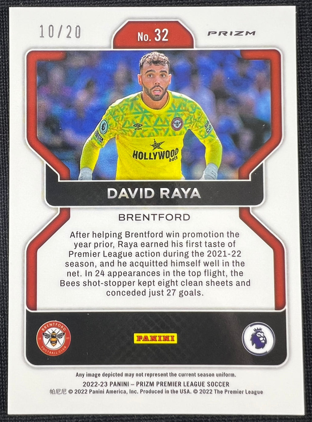 David Raya 2022-23 Panini Prizm Purple Mojo #32 /20