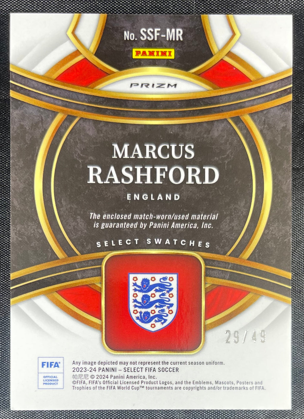 Marcus Rashford 2023-24 Panini Select Game Worn Patch Purrple Prizm /49 SSF-MR