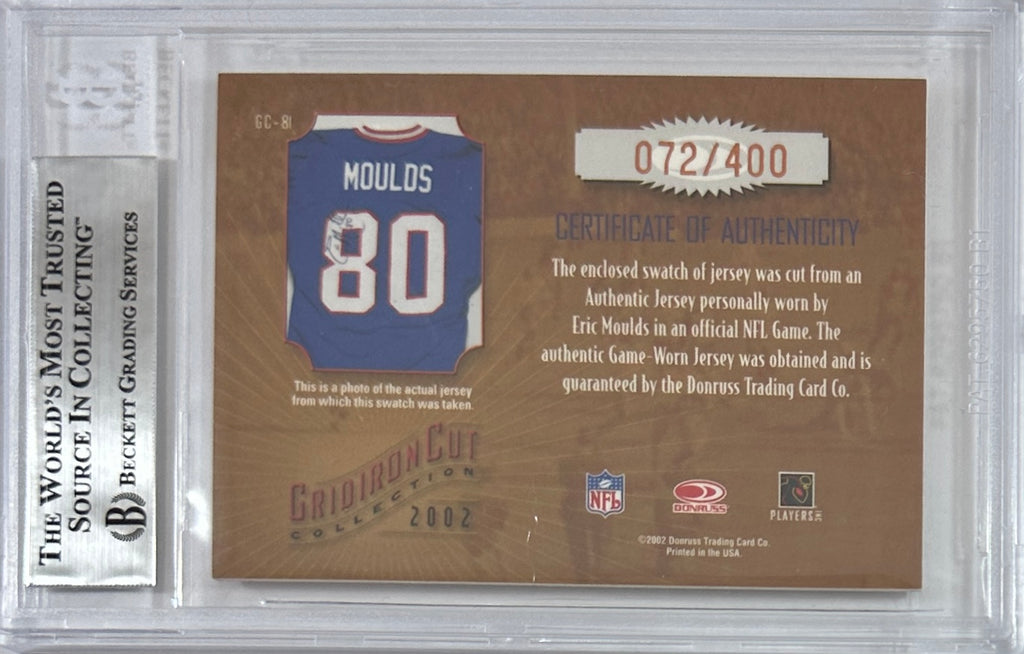 Eric Moulds auto signed Donruss 2002 #72/400 Buffalo Bills BAS game used Encap