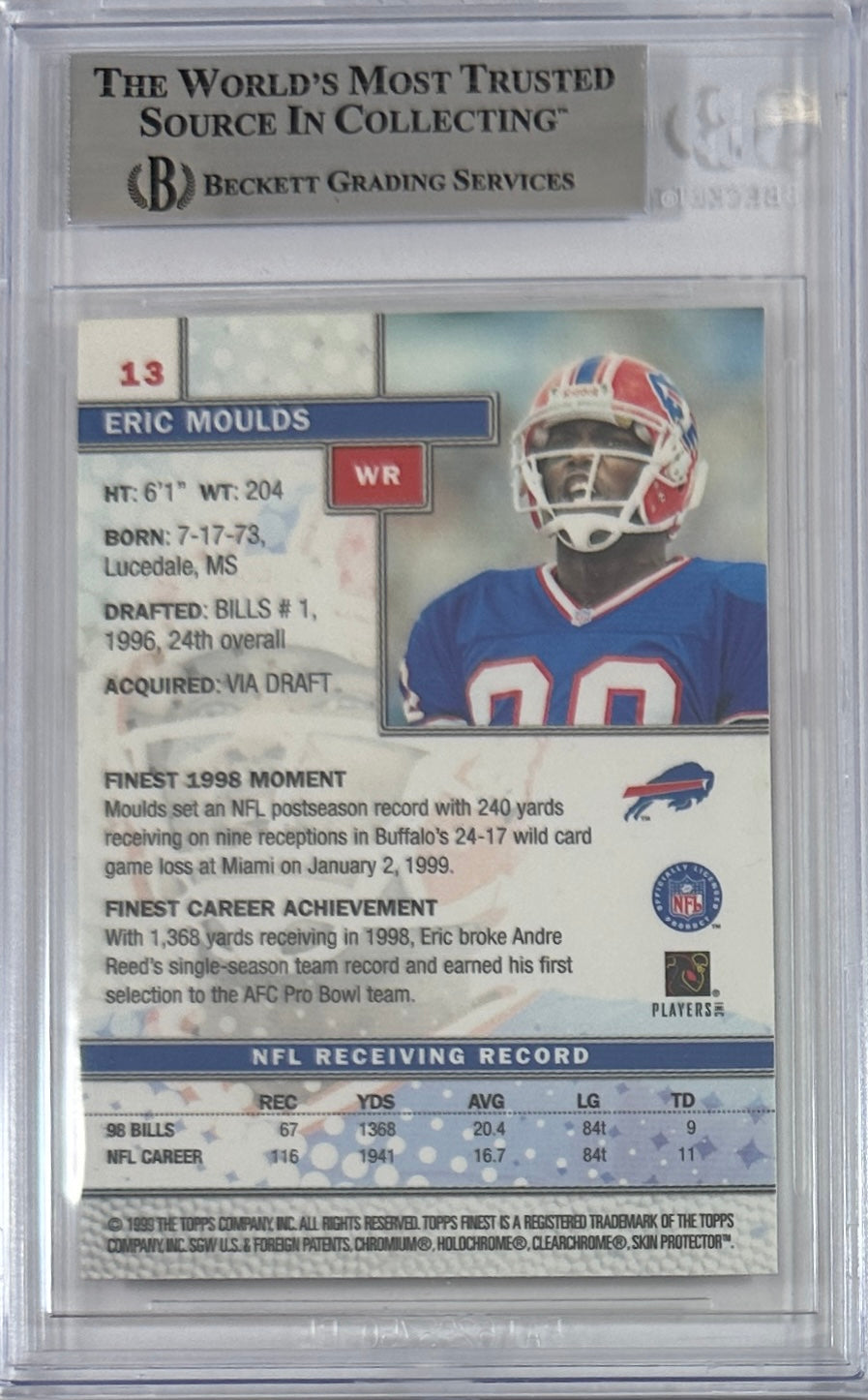 Eric Moulds autographed signed Topps 1999 #13 Buffalo Bills BAS Encap