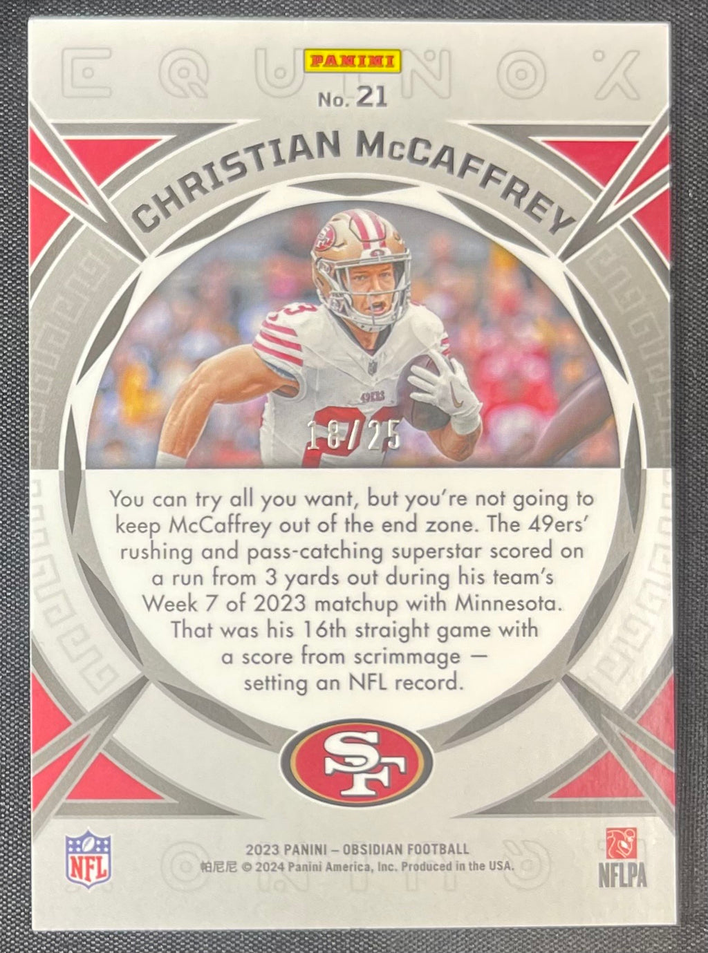 Christian McCaffrey 2023 Panini Obsidian Equinox Yellow /25 #21
