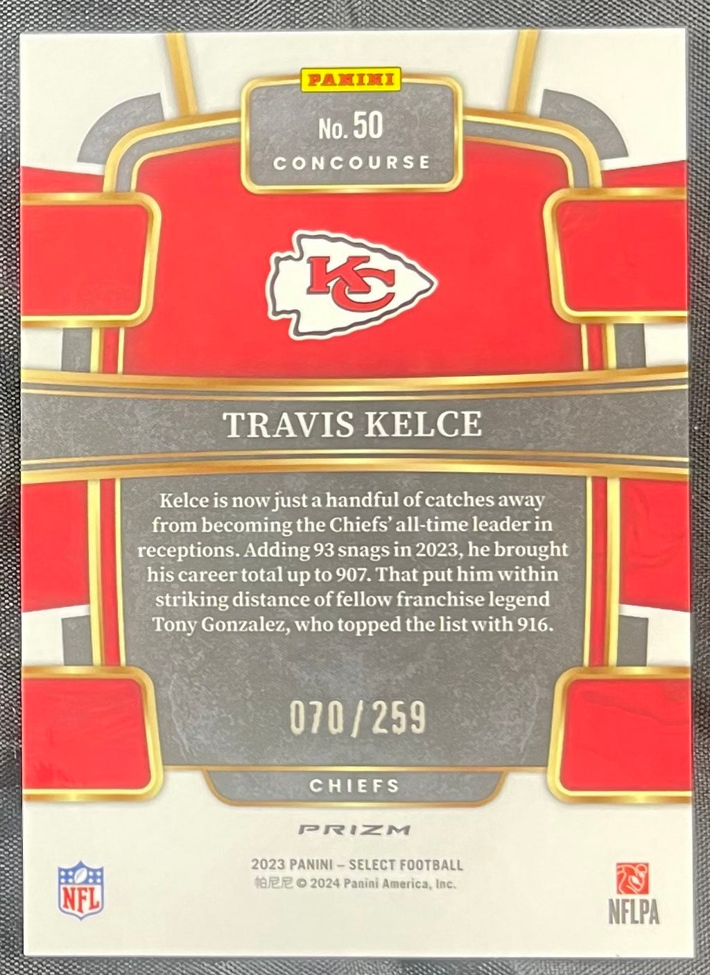 Travis Kelce 2023 Panini Select #50 Concourse Tri-Color /259