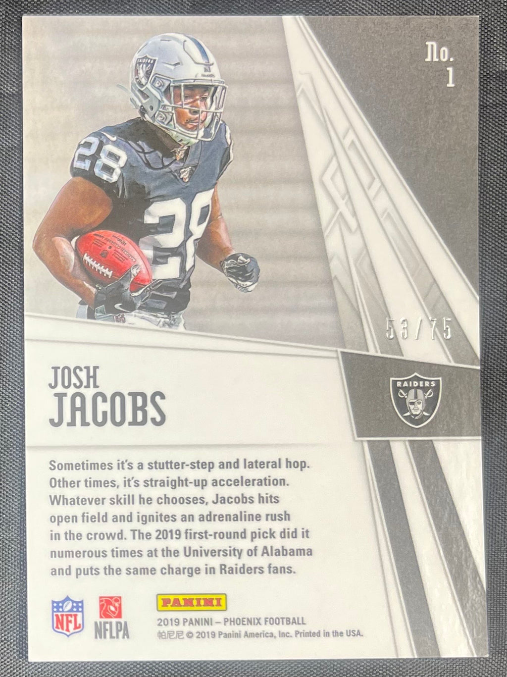 Josh Jacobs 2019 RC Panini Phoenix Adrenaline Rush Yellow #1 /75