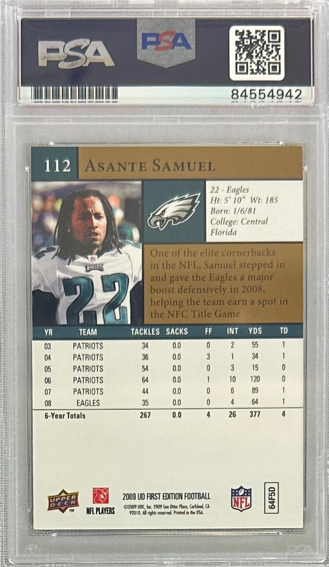 Asante Samuel auto card Upper Deck 2009 #112 Philadelphia Eagles PSA Encap