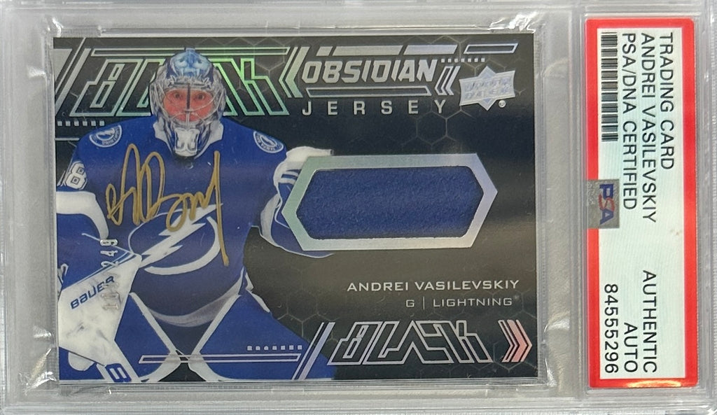 Andrei Vasilevskiy auto card Game Used Upper Deck Obsidian Lightning PSA Encap