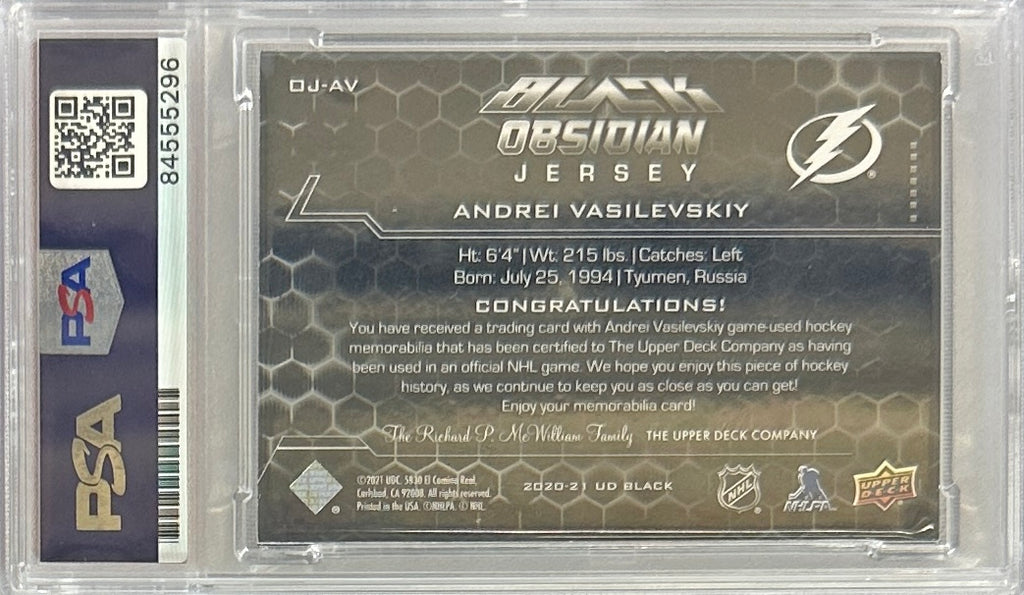 Andrei Vasilevskiy auto card Game Used Upper Deck Obsidian Lightning PSA Encap