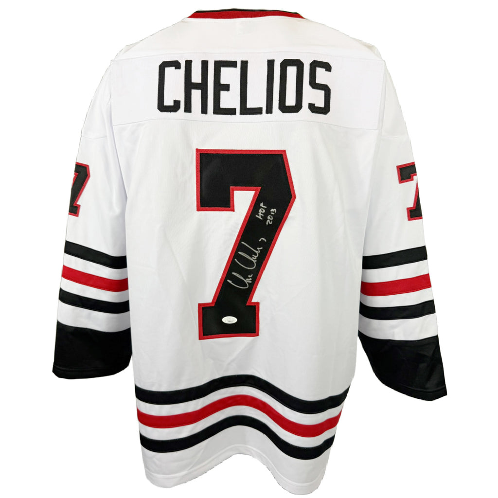 CHRIS CHELIOS AUTOGHRAPHED SIGNED INSCRIBED CUSTOM WHITE PRO STYLE JERSEY
