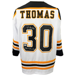 TIM THOMAS AUTOGRAPHED SIGNED INSCRIBED CUSTOM WHITE PRO STYLE JERSEY JSA COA
