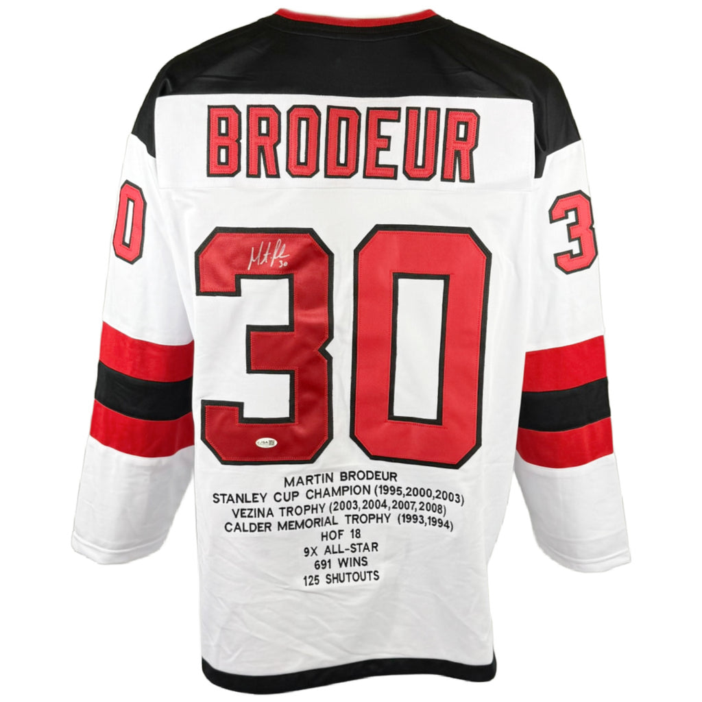 MARTIN BRODEUR AUTOGRAPHED SIGNED CUSTOM WHITE PRO STYLE JERSEY JSA