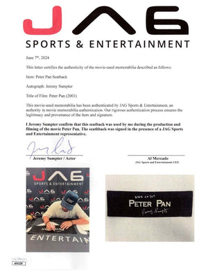 Jeremy Sumpter signed inscribed Peter Pan movie set used seat back JSA COA