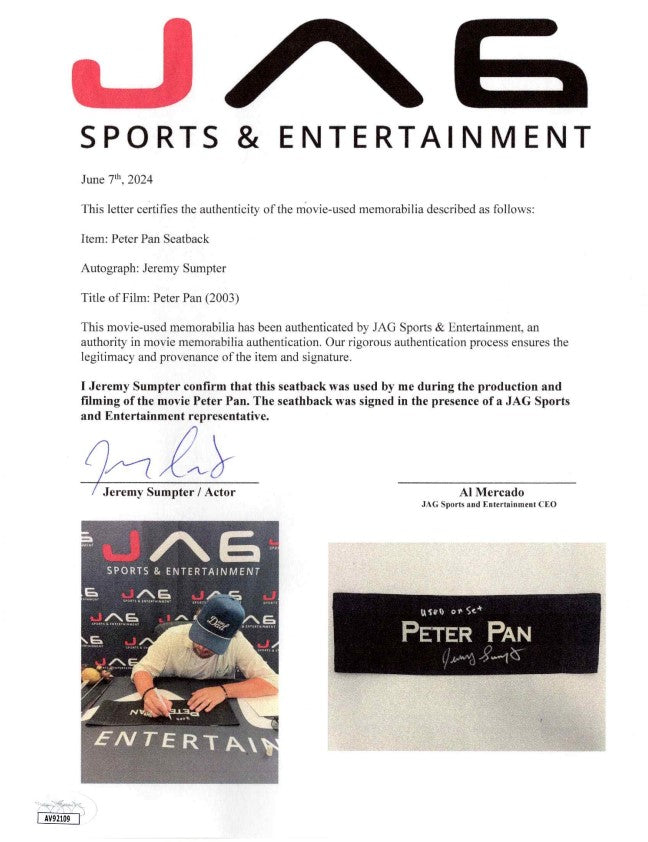 Jeremy Sumpter signed inscribed Peter Pan movie set used seat back JSA COA