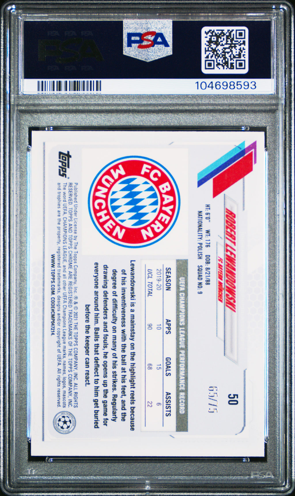 Robert Lewandowski 2020-21 Topps Chrome Green Sapphire /75 PSA 10 #50 Edition