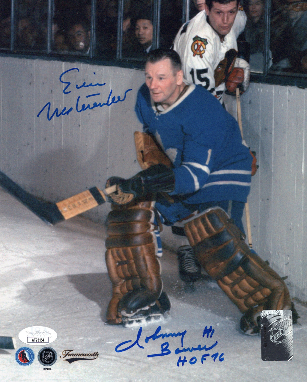 Johnny Bower Eric Nesterenko dual inscribed 8x10 photo NHL Boston Bruins JSA COA