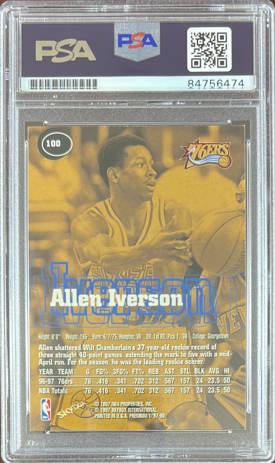 Allen Iverson auto card 1997 Skybox Premium #100 Philadelphia 76ers PSA Encap