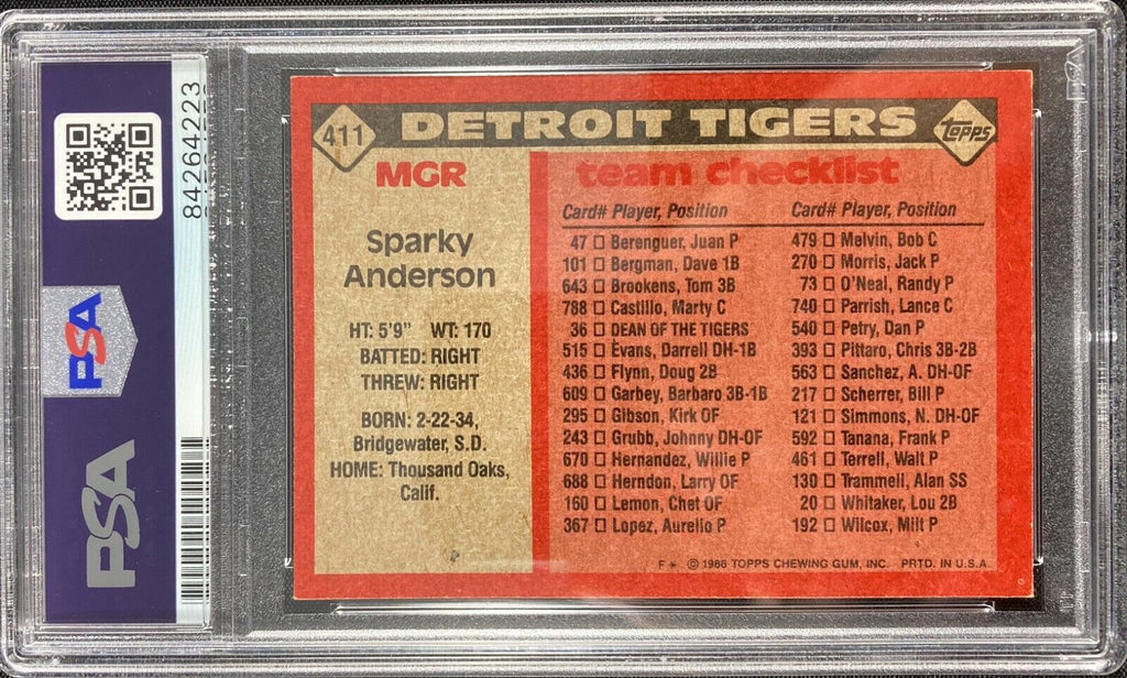 Sparky Anderson auto signed card Topps #411 1986 Detroit Tigers PSA Encapsulated