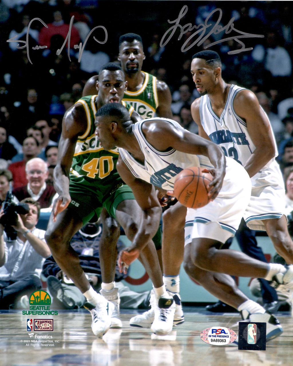 Shawn Kemp Larry Johnson signed 8x10 photo NBA Supersonics Hornets PSA Witness