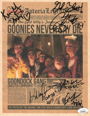 Cast signed inscribed Newsprint The Goonies JSA Feldman Astin Choen KeQuan Green