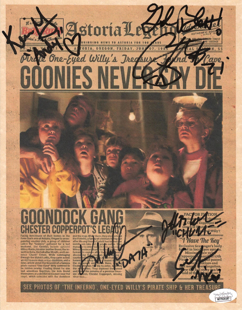 Cast signed inscribed Newsprint The Goonies JSA Feldman Astin Choen KeQuan Green