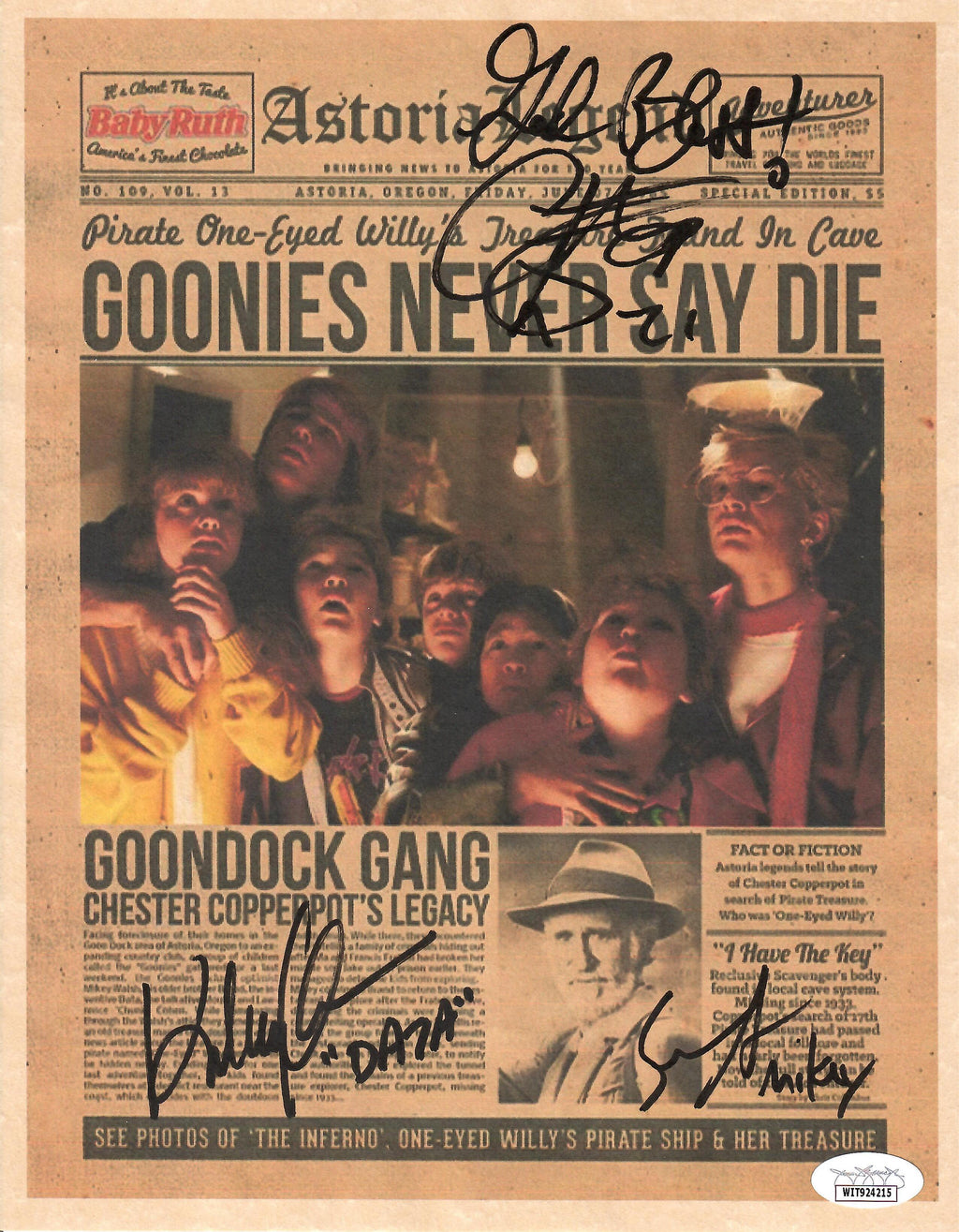 Corey Feldman Johnathan KeQuan Sean Astin signed inscribed Newsprint Goonies JSA