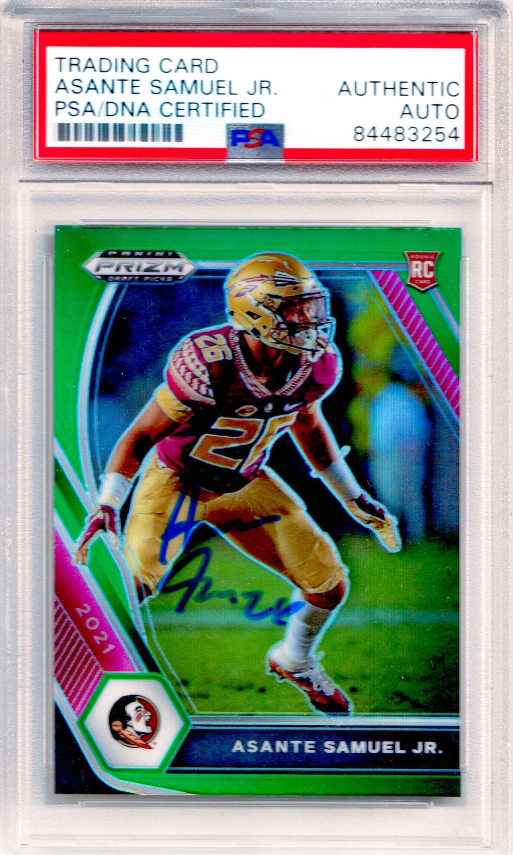 Asante Samuel Jr. auto RC Green Panini Prizm 2021 #111 LA Chargers FSU PSA Encap