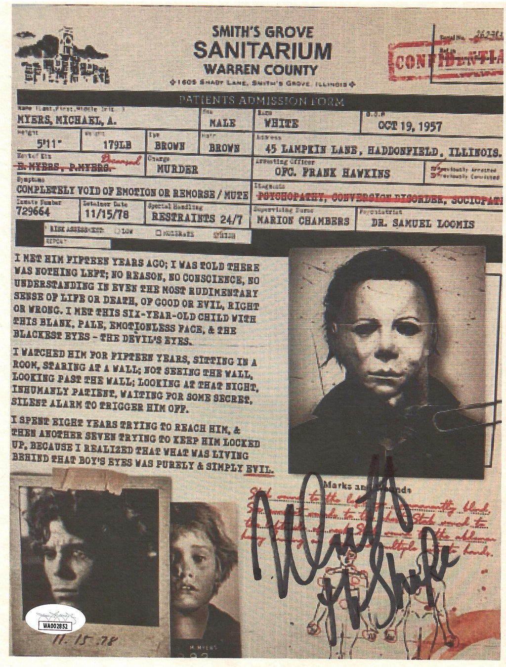 Nick Castle autographed signed inscribed 8x10 Medical Sheet Halloween JSA COA