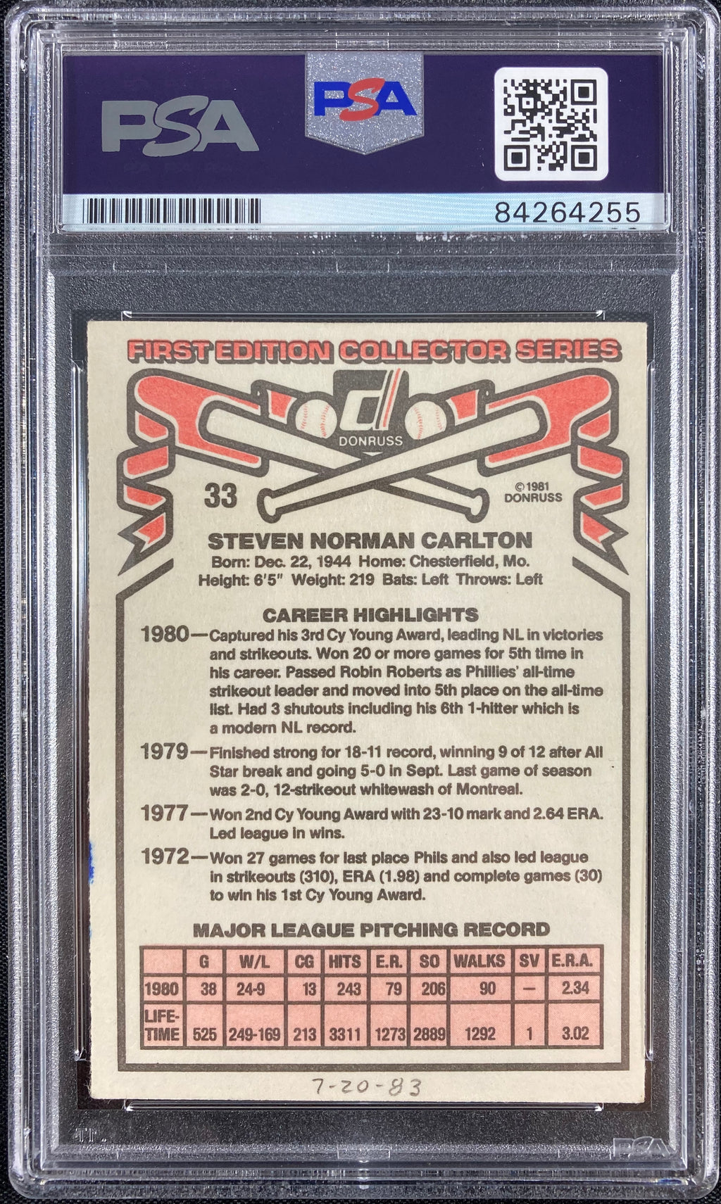 Steve Carlton auto card 1981 Donruss #33 Philadelphia Phillies PSA Encapsulated - JAG Sports Marketing