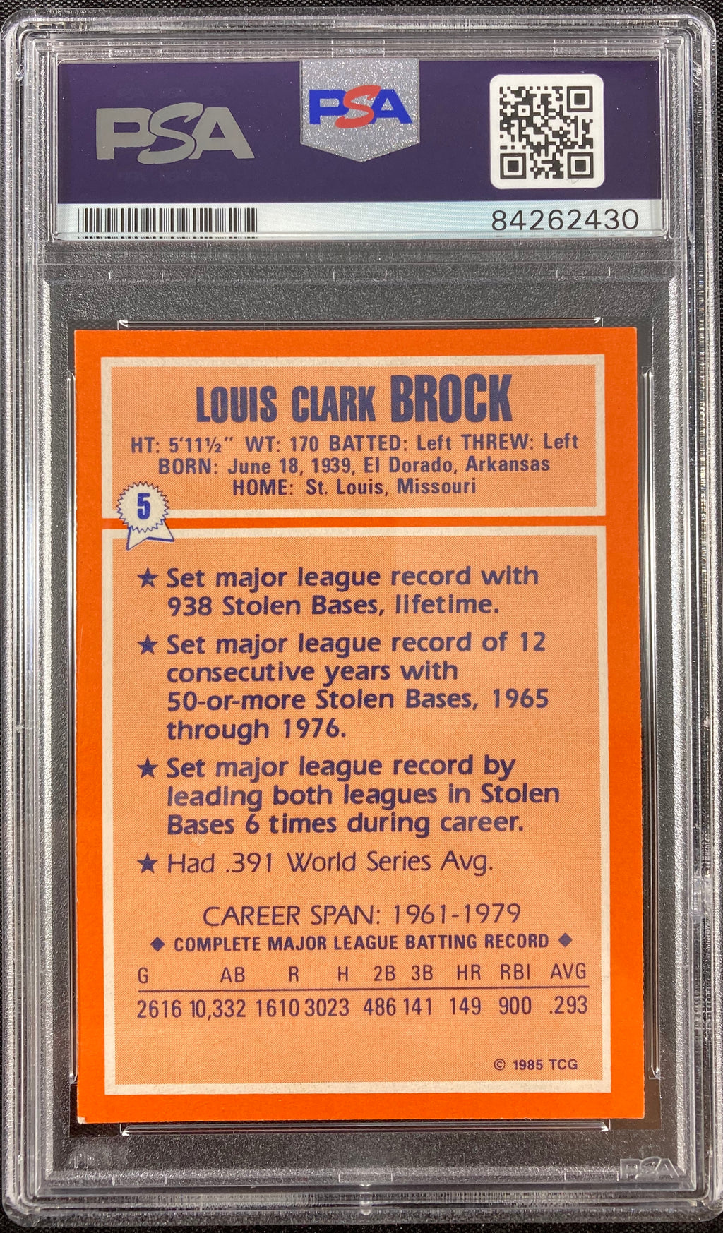 Lou Brock auto card 1985 Topps #5 MLB St. Louis Cardinals PSA Encapsulated - JAG Sports Marketing