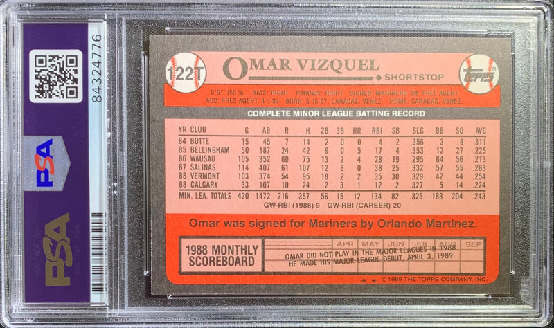 Omar Vizquel auto card 1989 Topps #122T MLB Seattle Mariners PSA Encapsulated RC