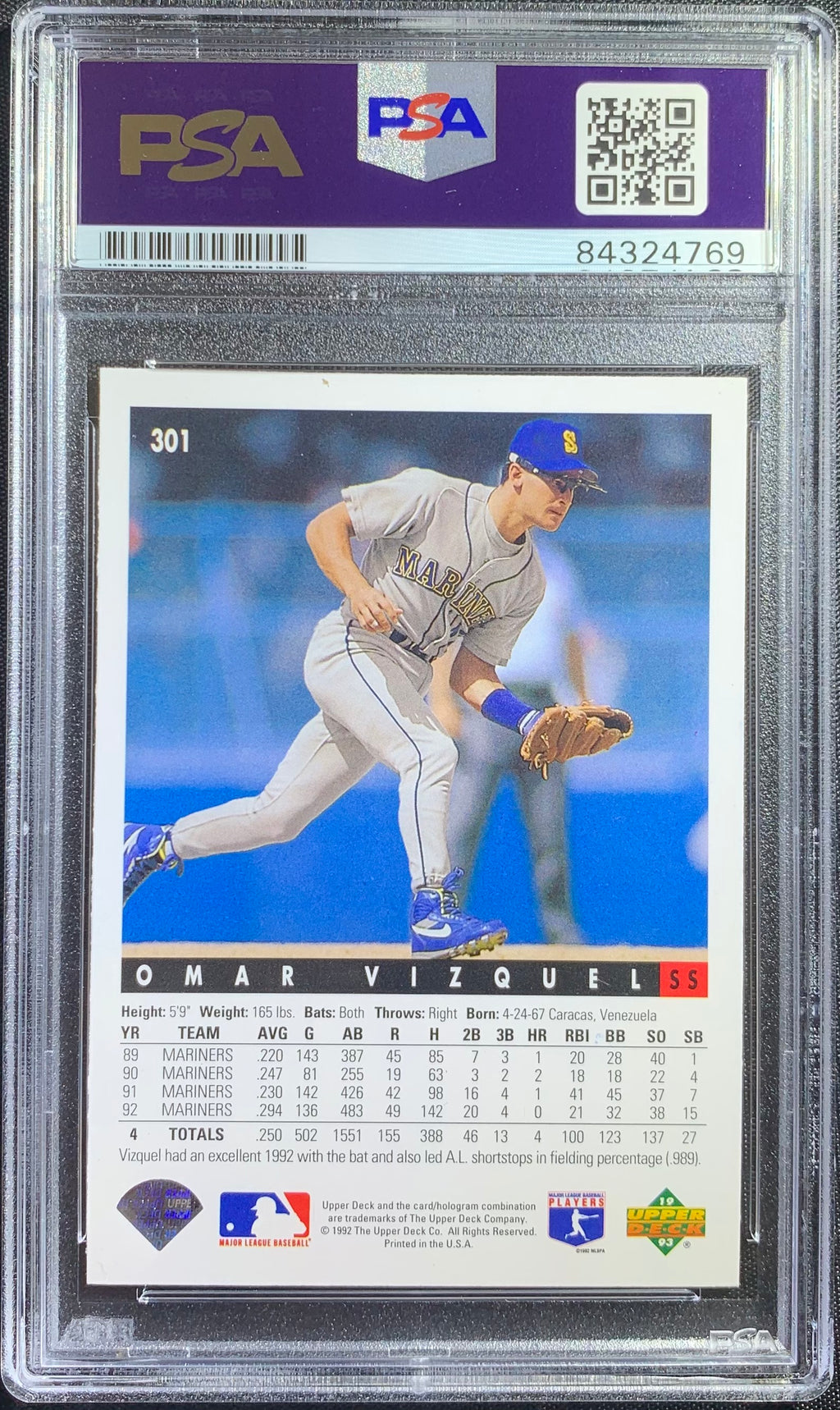 Omar Vizquel auto card 1992 Upperdeck #301 MLB Seattle Mariners PSA Encapsulated