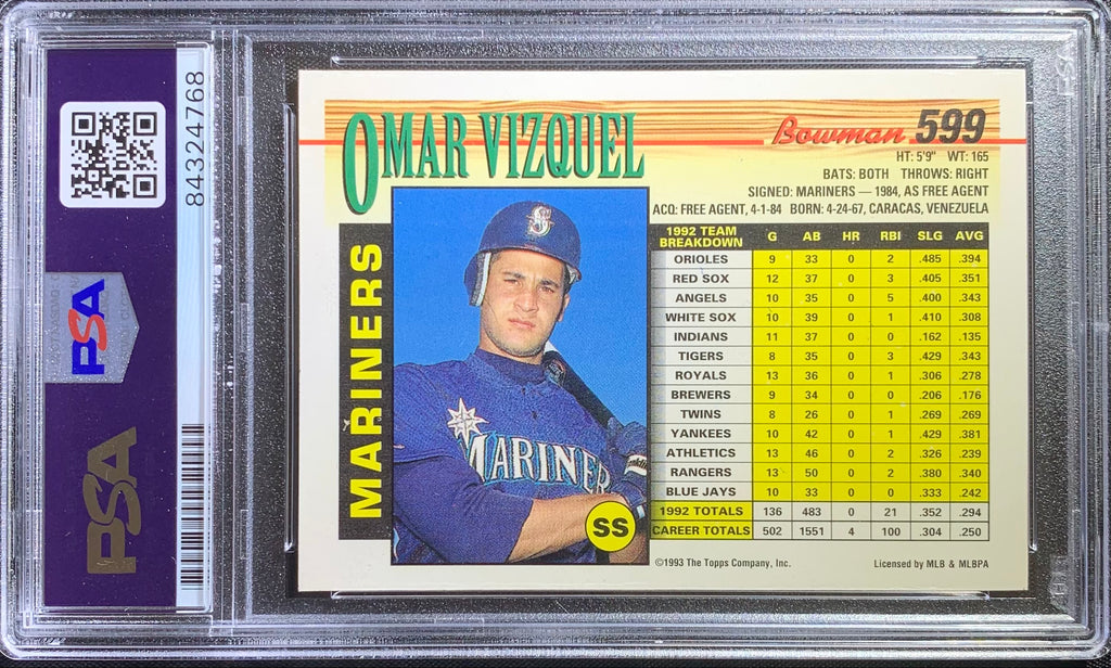 Omar Vizquel auto card 1993 Bowman #599 MLB Seattle Mariners PSA Encapsulated