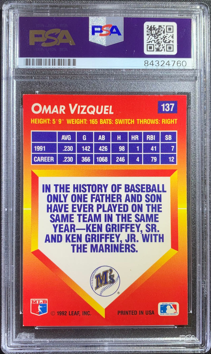 Omar Vizquel auto card 1992 Leaf #137 MLB Seattle Mariners PSA Encapsulated