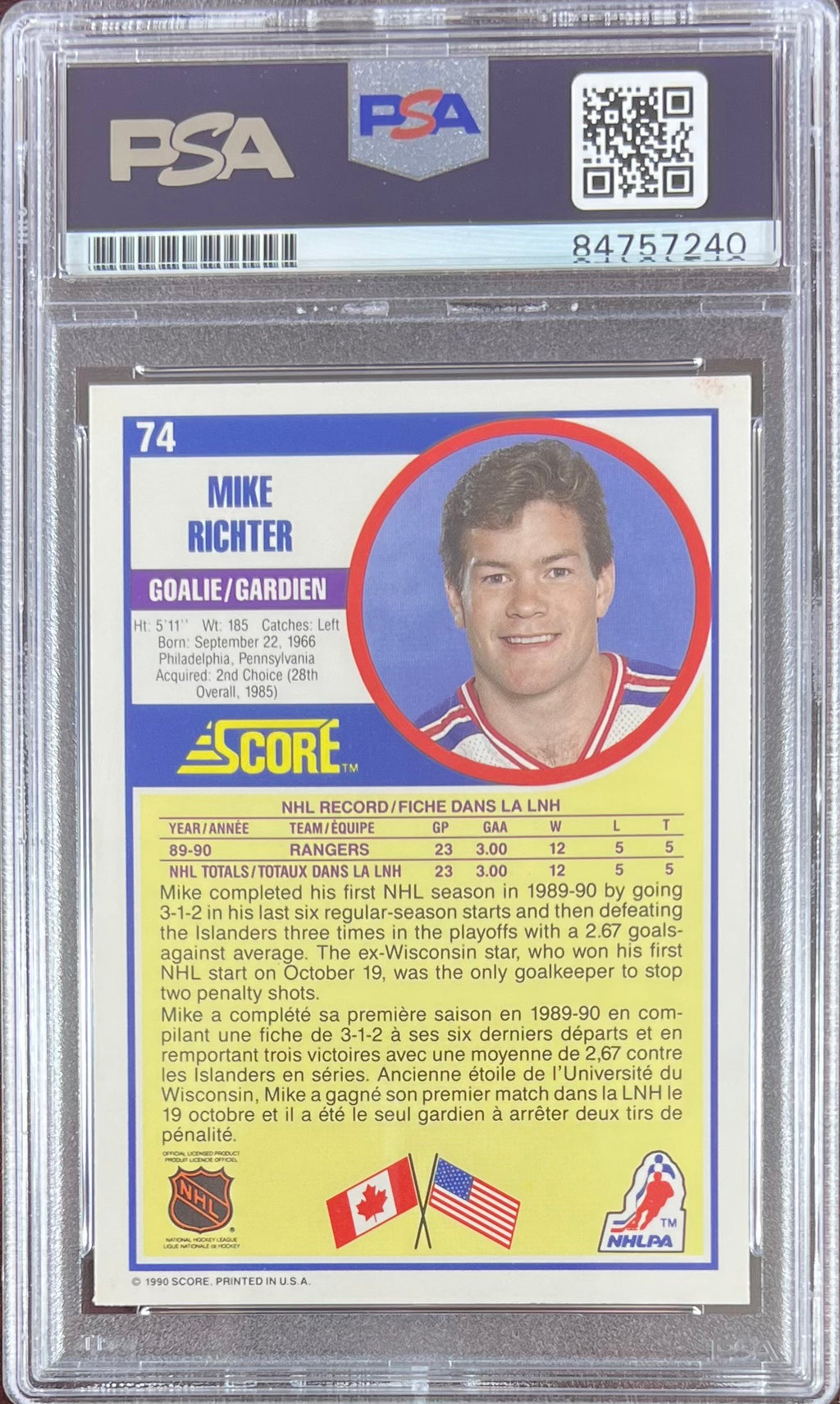 Mike Richter auto rookie card 1990 Score #74 PSA Encapsulated New York Rangers