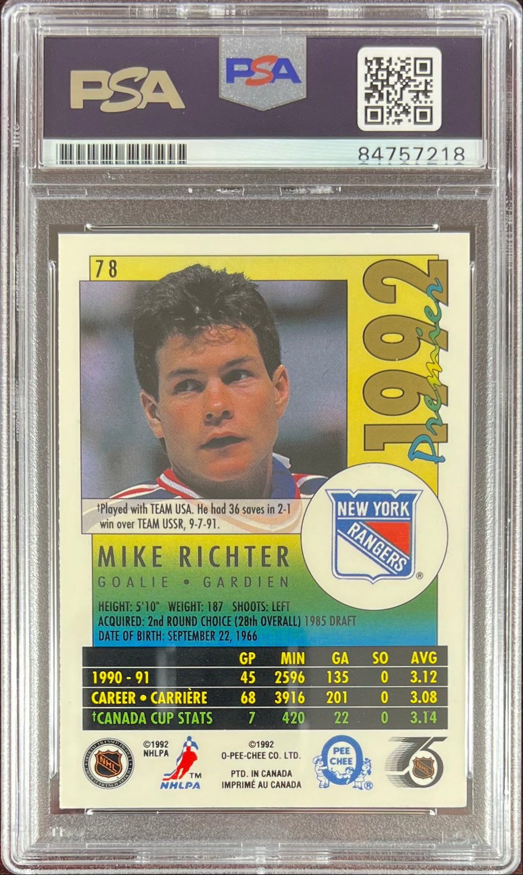 Mike Richter auto card 1992 O-Pee-Chee #78 PSA Encapsulated New York Rangers