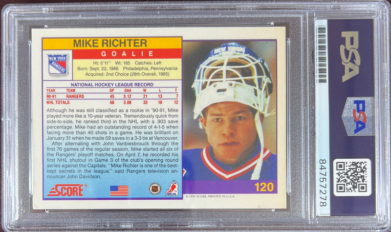 Mike Richter auto card 1991 Score #120 PSA Encapsulated New York Rangers