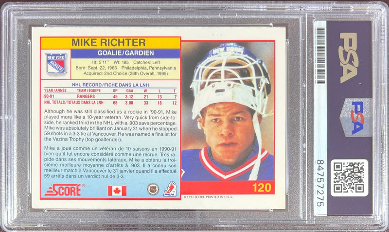 Mike Richter auto card 1991 Score #120 PSA Encapsulated New York Rangers