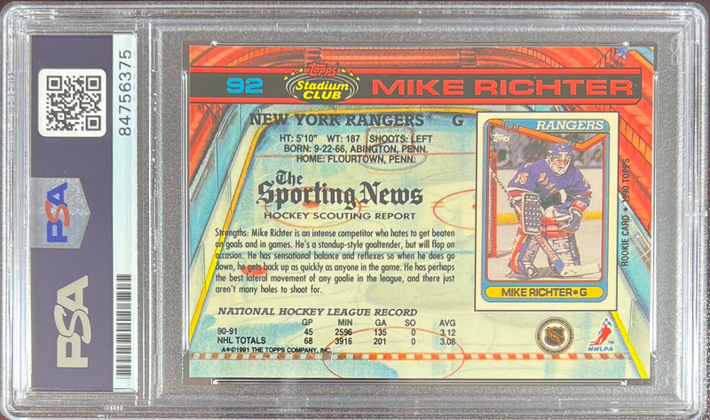 Mike Richter auto card 1992 Topps Stadium Club #92 Gem Mint 10 PSA Encapsulated