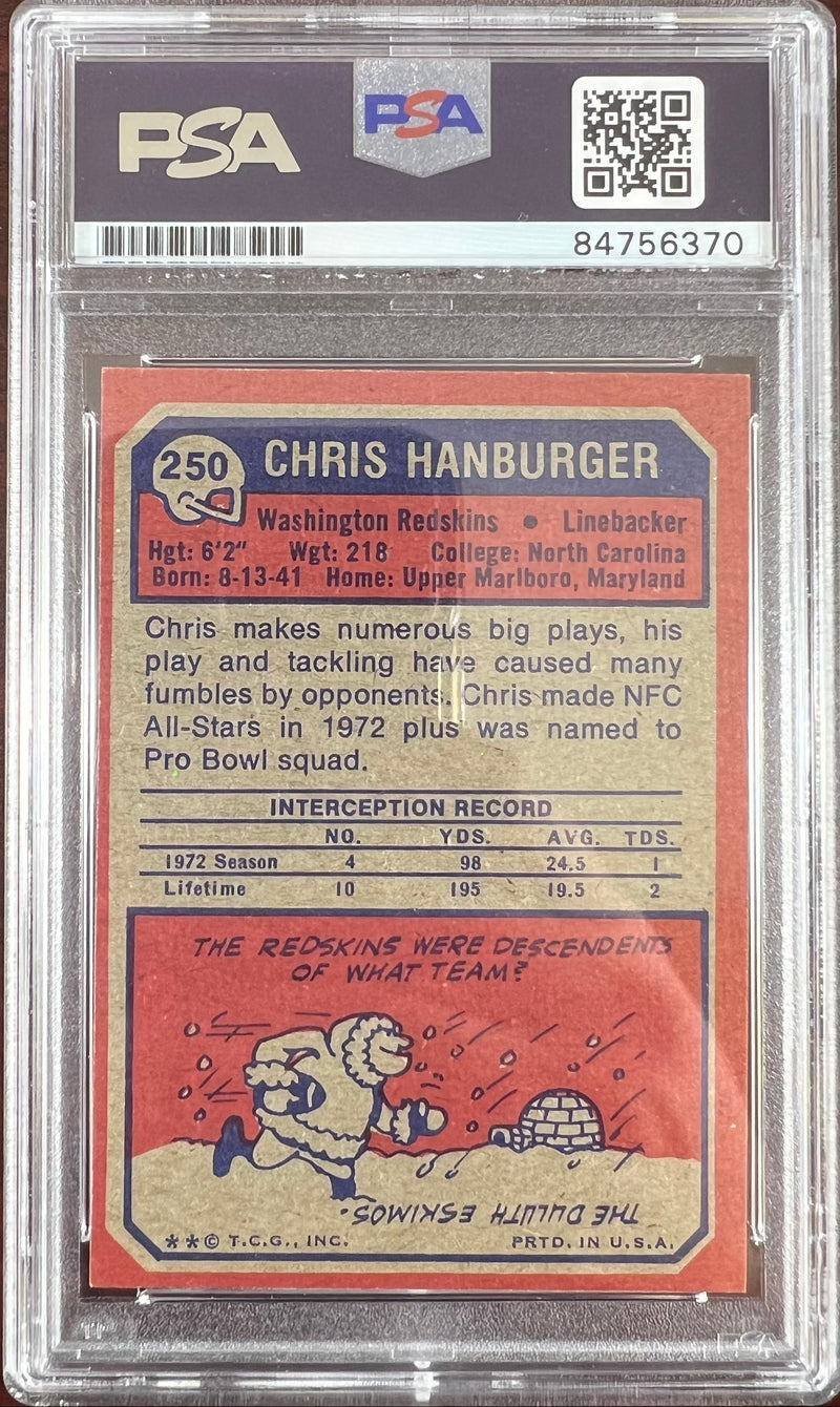 Chris Hanburger auto inscribed 1973 Topps #250 Gem Mint 10 card PSA Encapsulated