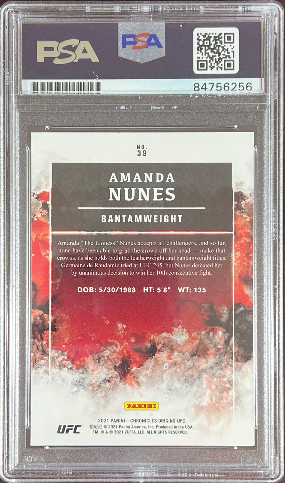 Amanda Nunes auto 2021 Panini Chronicles Origins card #39 UFC PSA Encapsulated